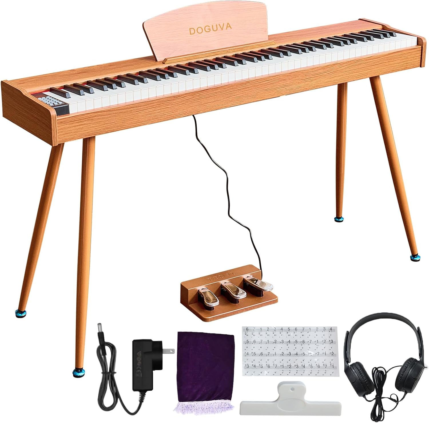 Digital Piano 88 Key Weighted Keyboard Progressive Hammer-Action Electric Piano For Beginners (Brown) with Three-pedal Piano Cover Headphones Music Stickers