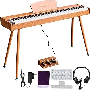 Piano digital de 88 teclas, teclado progresivo con acción de martillo, piano eléctrico para principiantes (marrón) con cubierta de piano de tres pedales, auriculares, calcomanías musicales