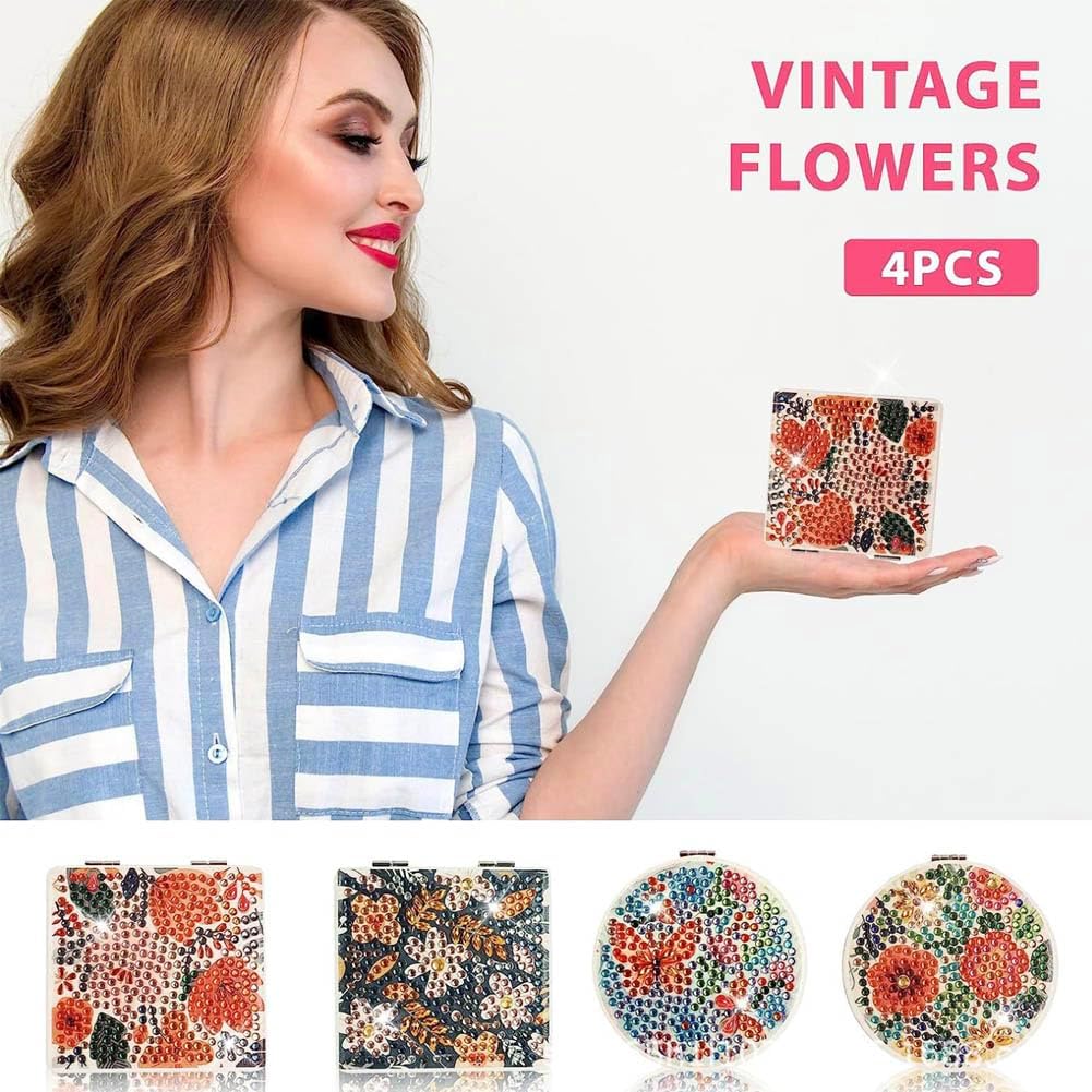 JOONOR 4 Pieces Diamond Painting Compact Mirror Flower Pattern DIY Pocket Mirror with Diamond Painting Cover Portable Magnifying Folding Purse Mirror Double-Sided Makeup Mirror