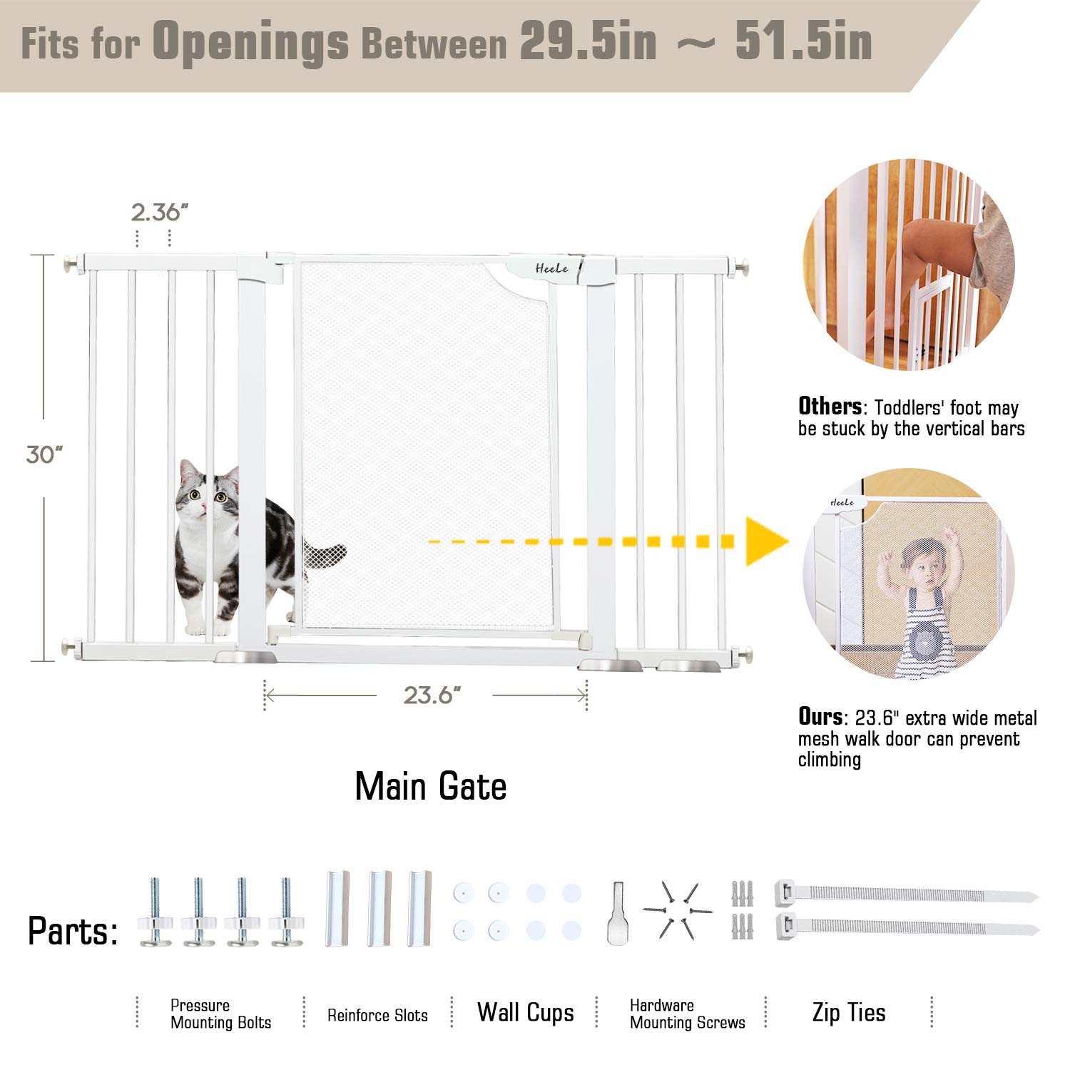 Heele 29.5-51.5 Inches Extra Wide Auto Close Baby Gate w/Metal Mesh Easy Walk Thru Swing Door,Child Gates for Stair Doorway Kitchen,Indoor Safety Gate for Kids or Pets Pressure/Hardware Mounted