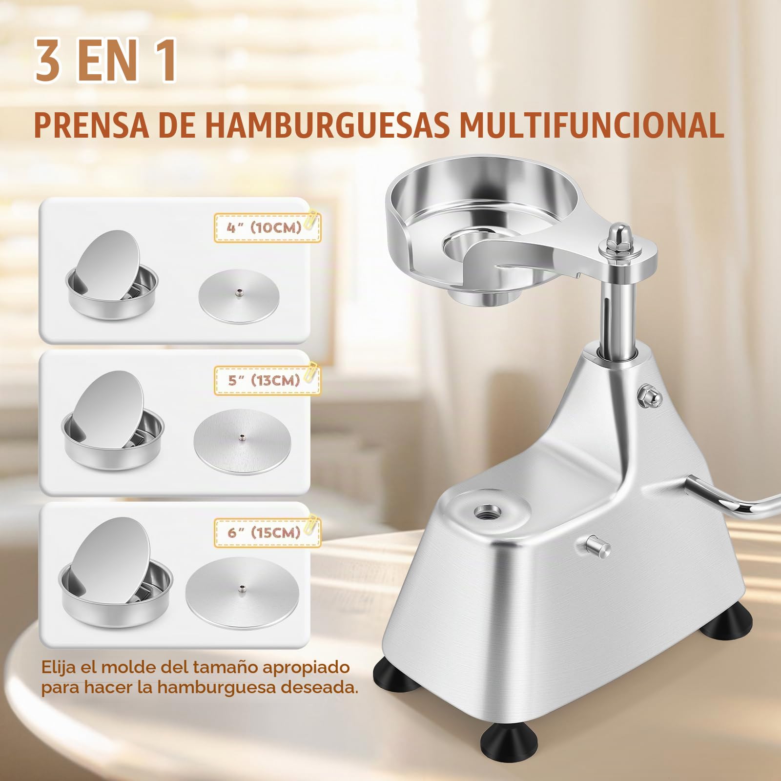 Moongiantgo 3-in-1 Máquina de Prensa de Hamburguesas de Acero Inoxidable | Prensa de Hamburguesa Comercial con 3 Bandejas Desmontables de Tamaño 4/5/6" & 1500 Papeles para Hamburguesas (10/13/15CM)