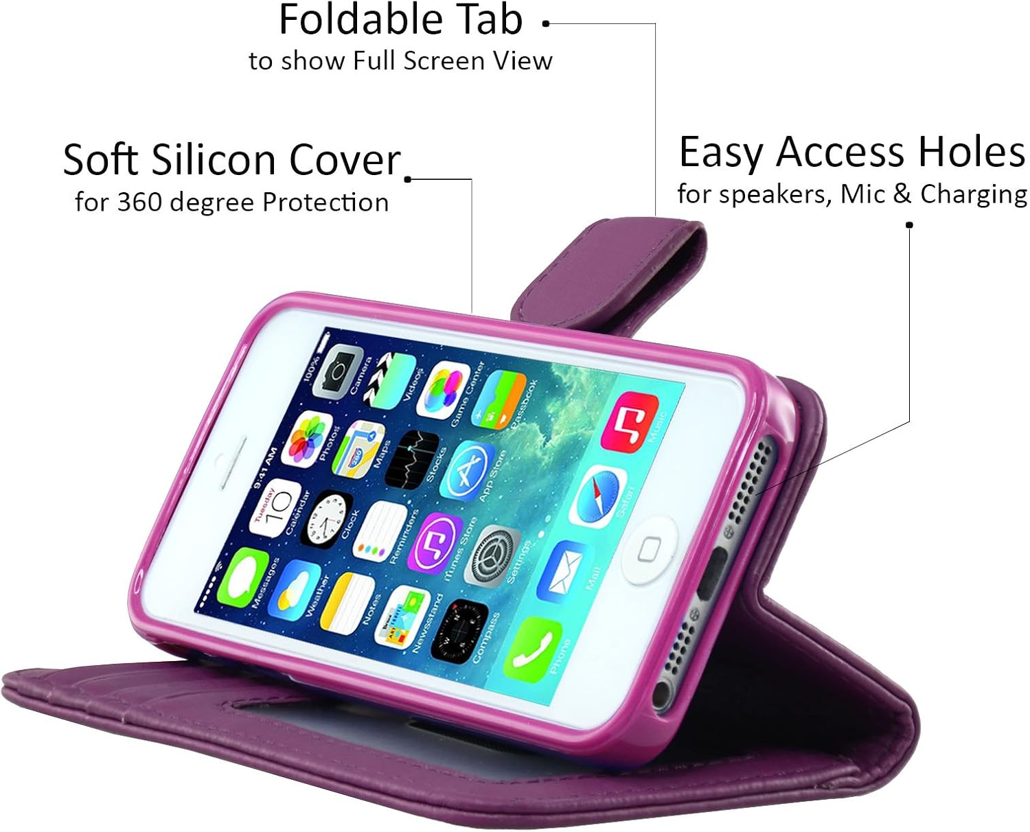 Navor Flip Wallet Book Case [Removable Wrist Strap] [Kickstand] for iPhone 5 / 5S / SE - Purple (IP5OPP)