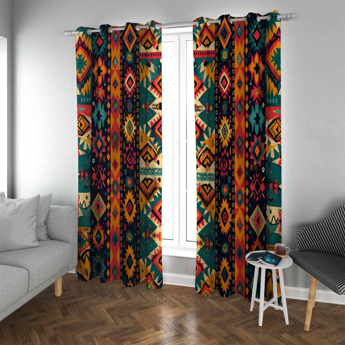 Etniczne geometryczne zasłony zaciemniające plemienny wzór vintage zasłony z przelotkami góra zestaw 2 paneli do salonu jadalni biura 2 x szer. 166 x dł. 90 cm