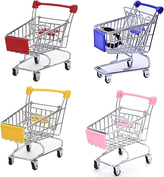 Mini Supermarket Handcart, 4 Pack Supermarket Handcart Shopping Utility Cart Model Desktop Home Decor Pink,Yellow,Red,Blue