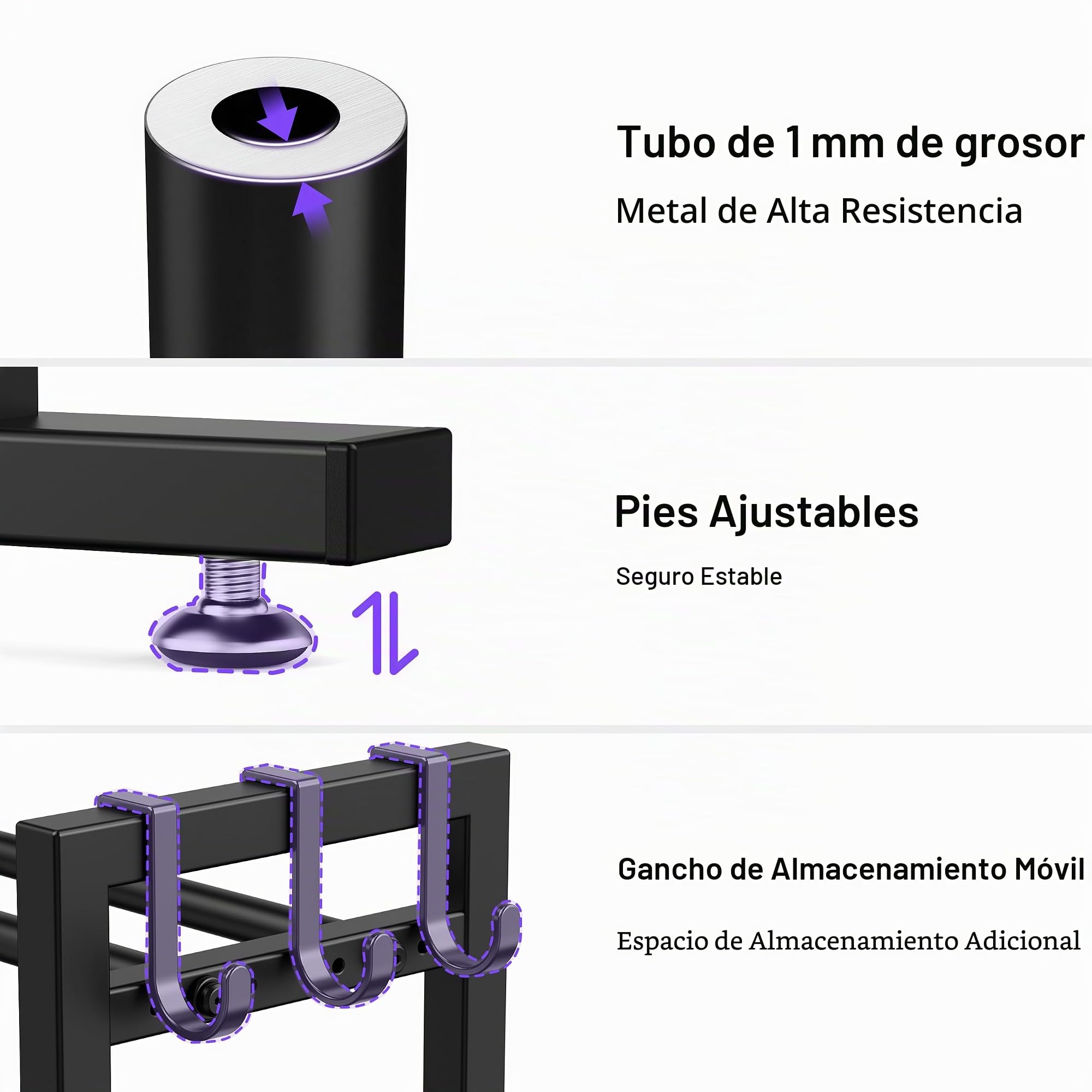 Niffgaff Estante regulable de 3 niveles con base ampliada y ganchos laterales, capacidad 210 kg para gimnasio en casa