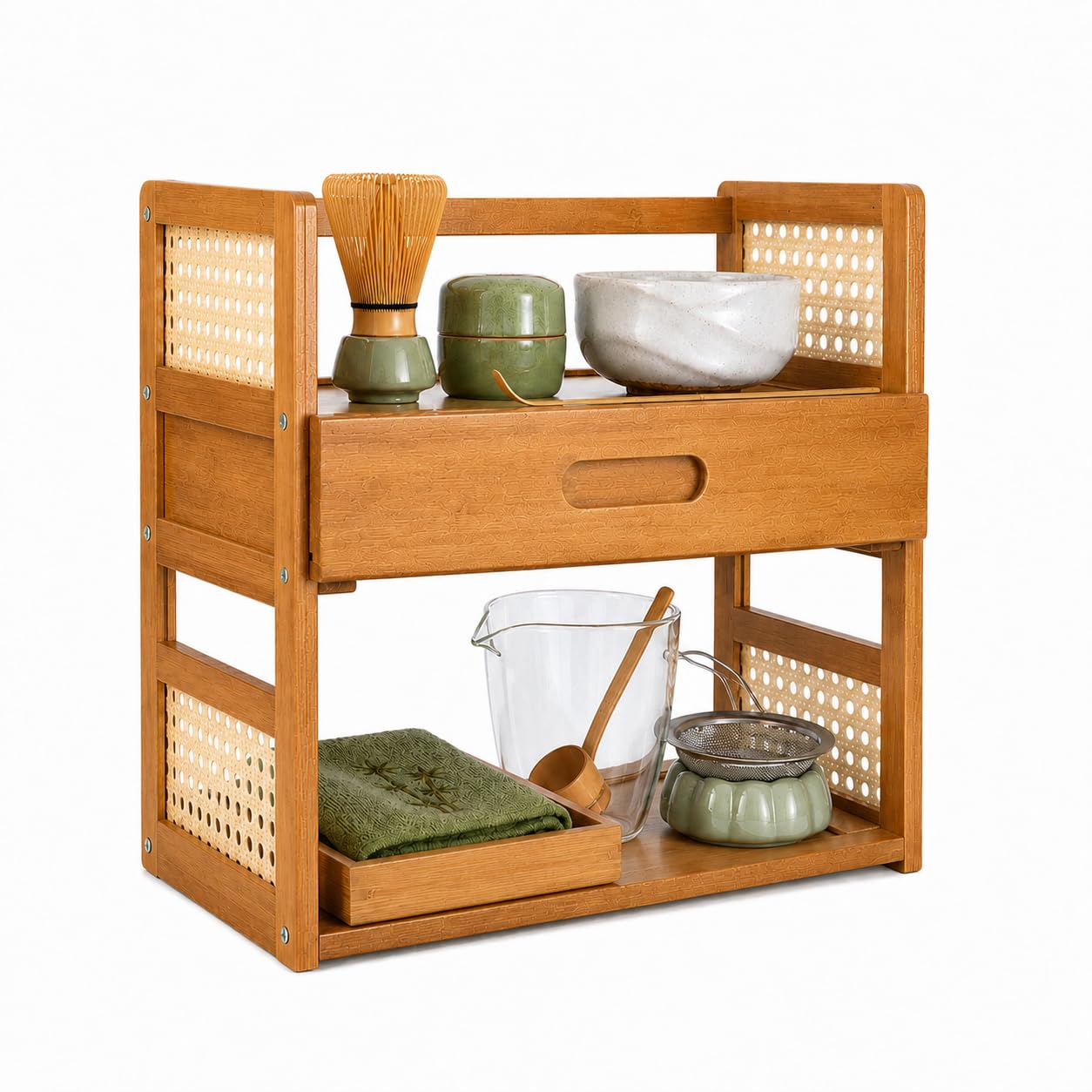 Scaffale da scrivania con cassetto, organizer da tavolo a 2 livelli con cornice in bambù e finto rattan, piccola libreria da ufficio, per caffè Matcha, tazze, libri, soggiorno e ufficio