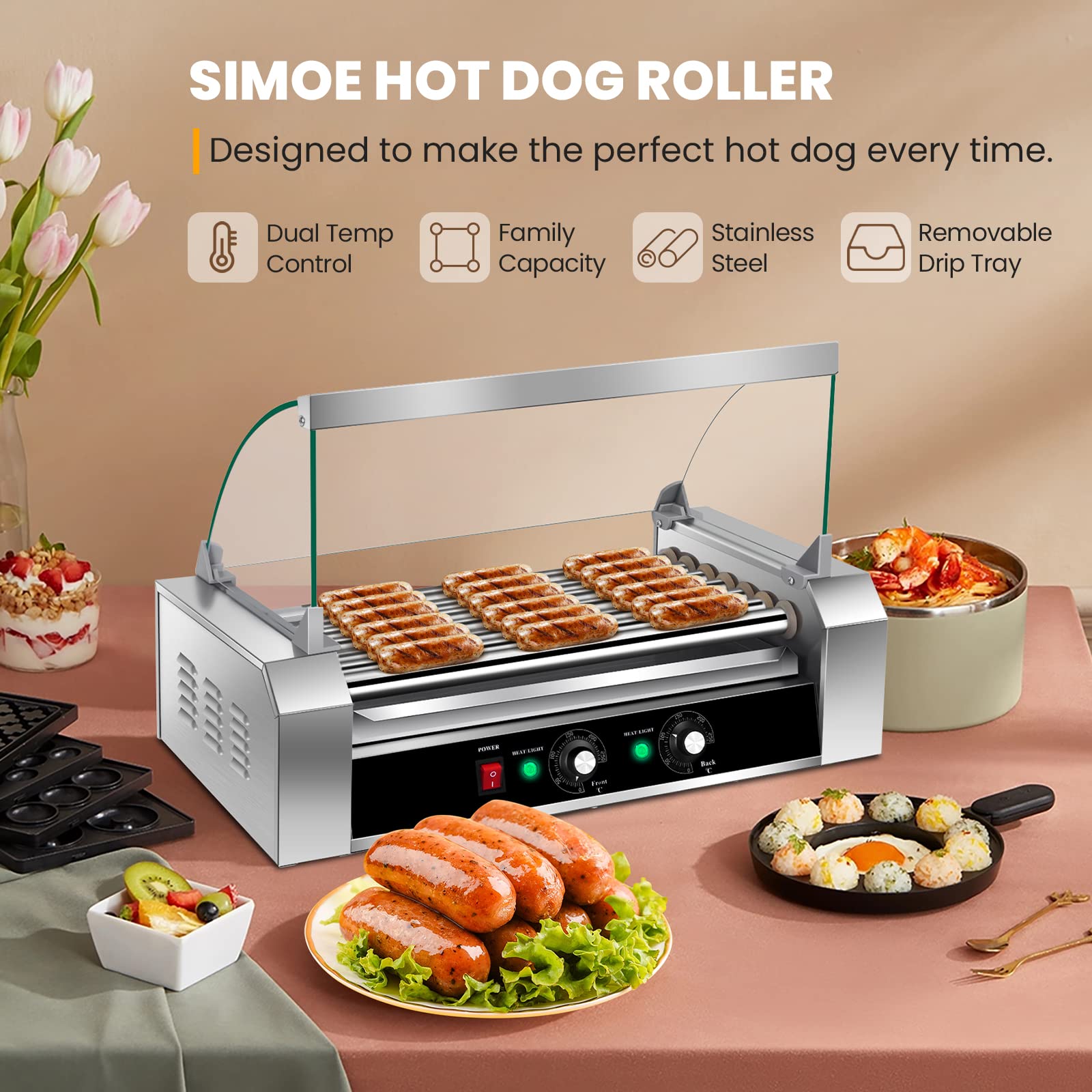 LDAILY Hot Dog Roller, 7 Rollers 18 Hot Dogs Capacity with Dual Temp Control, Removable Stainless Steel Oil Drip Tray & Glass Hood Cover, Non-Stick Commercial & Household Sausage Grill Cooker Machine