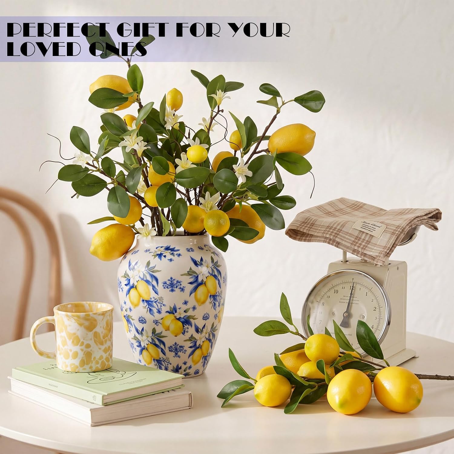 Capri Lemon Ceramic Vase with Artificial Lemons Branches 7.87inch Blue Tiles Yellow Lemon Vase 6 Head Faux Lemons with Stem Fake Fruit Themed for Kitchen Decoration Party Farmhouse Decor