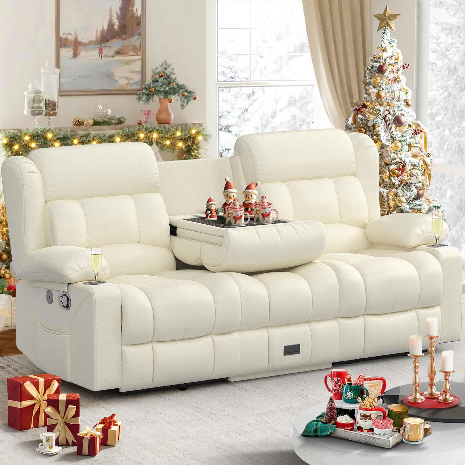 Loveseat Recliner Sofa, Flip Middle Backrest Design PU Leather 3 Seat Reclining Sofa with Storage Drawer, Manual Couch for Living Room (Ivory White, PU)