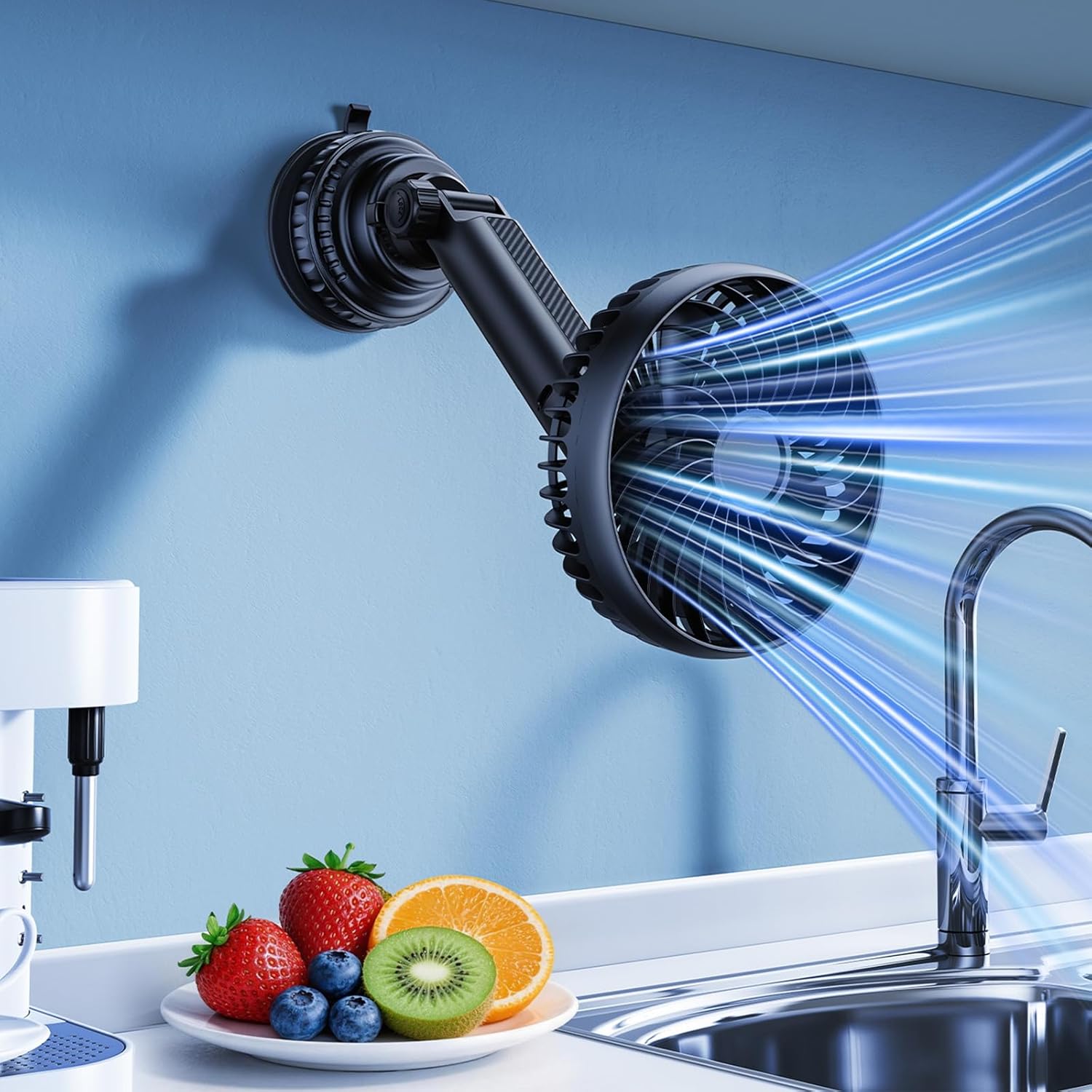 3 in 1 Suction Cup Fan with 5000mAh Rechargeable Battery & 360° Adjustable, 3 Speeds Usb Rechargeable Battery Powered Fan for Kitchen, Bathroom,Car,Desktop,Cruise