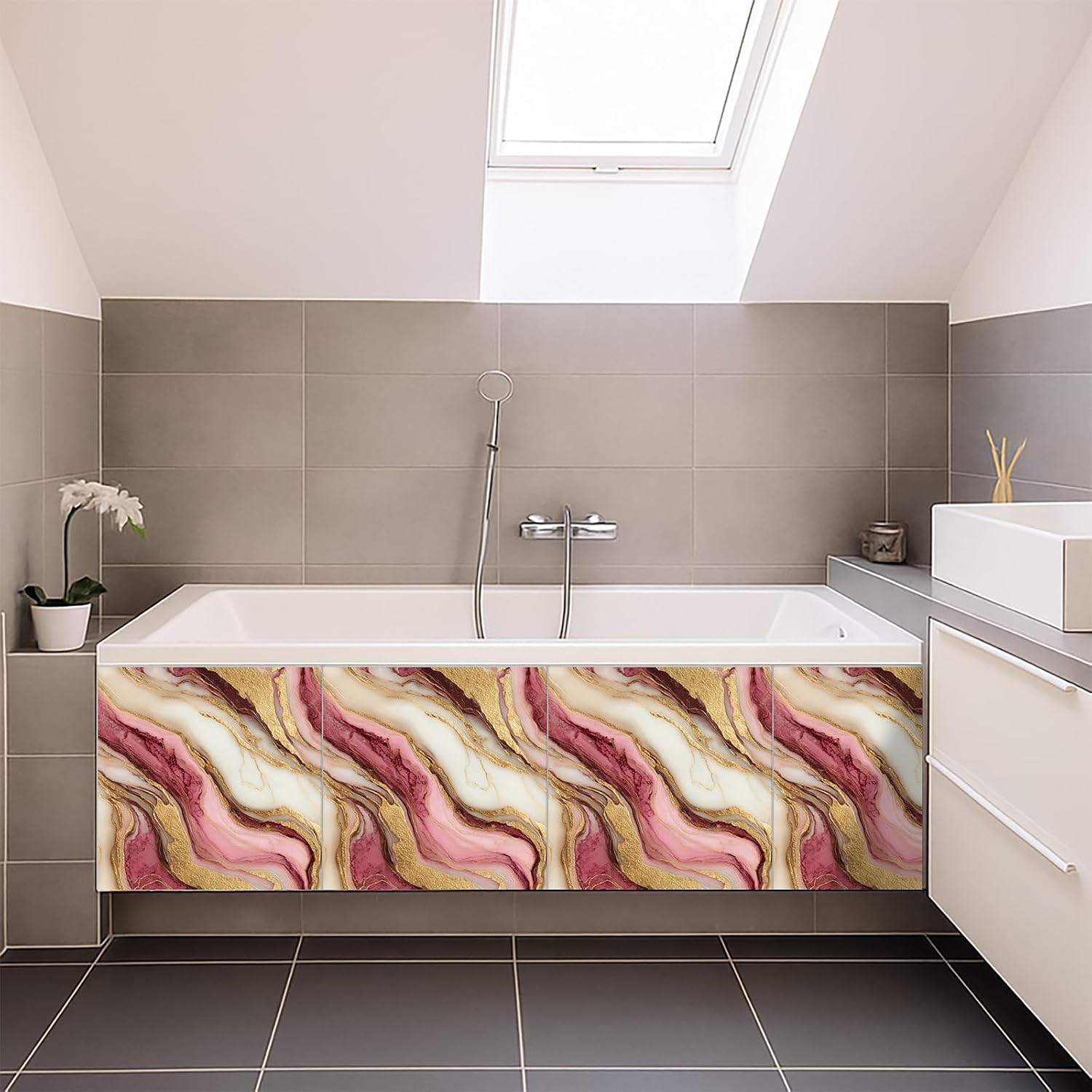 10pcs Peel and Stick Floor Tiles 12x12 Inch Pink Marble Gold Vein Pattern Vinyl Flooring Self Adhesive Luxury Square Planks for Kitchen Bathroom Bedroom Living Room Home Renovation DIY Decor