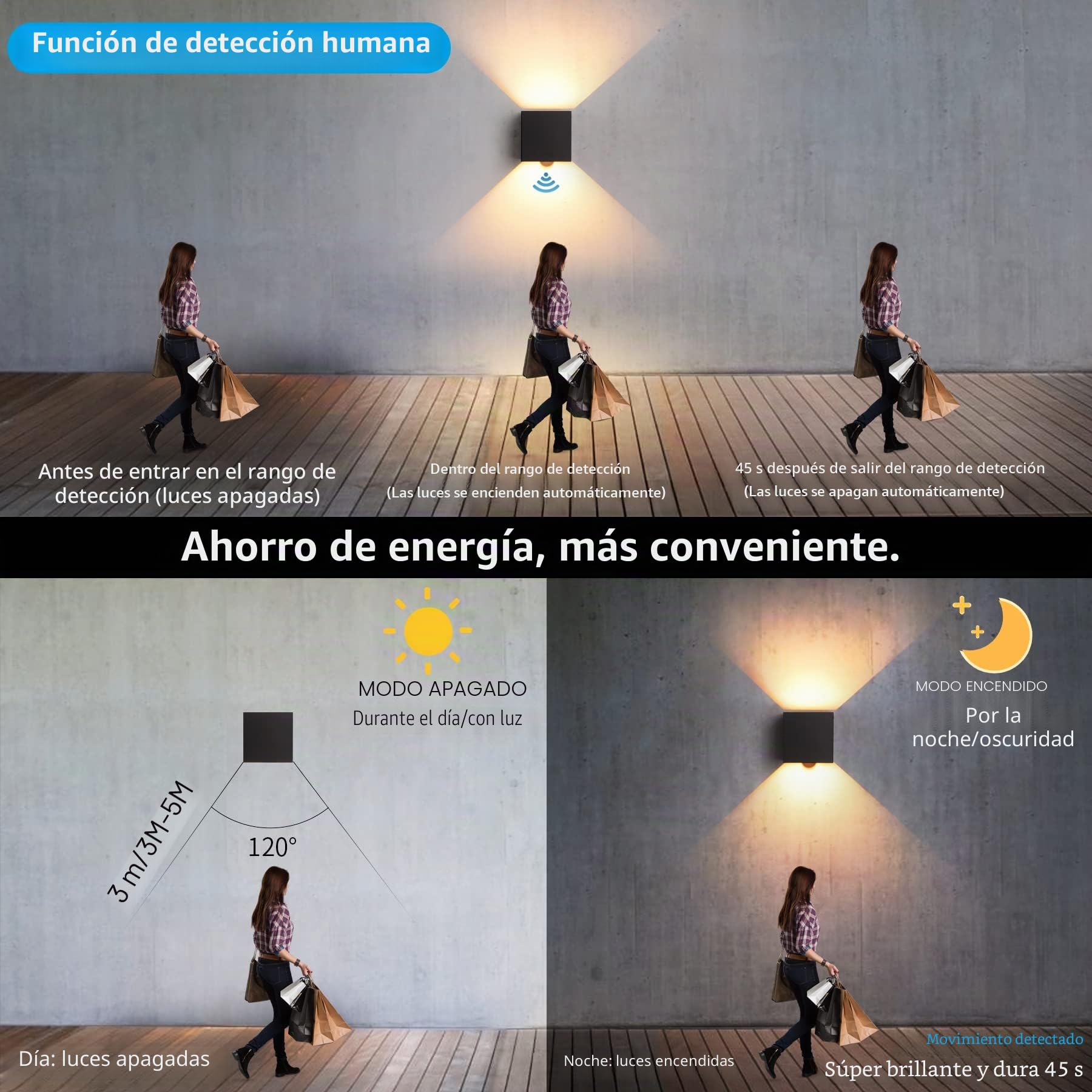 2 lámparas LED de pared para interiores y exteriores con sensor de movimiento, 12 W, 3000 K, luz blanca cálida, lámpara de pared moderna, impermeable IP65, iluminación de pared con ángulo de haz
