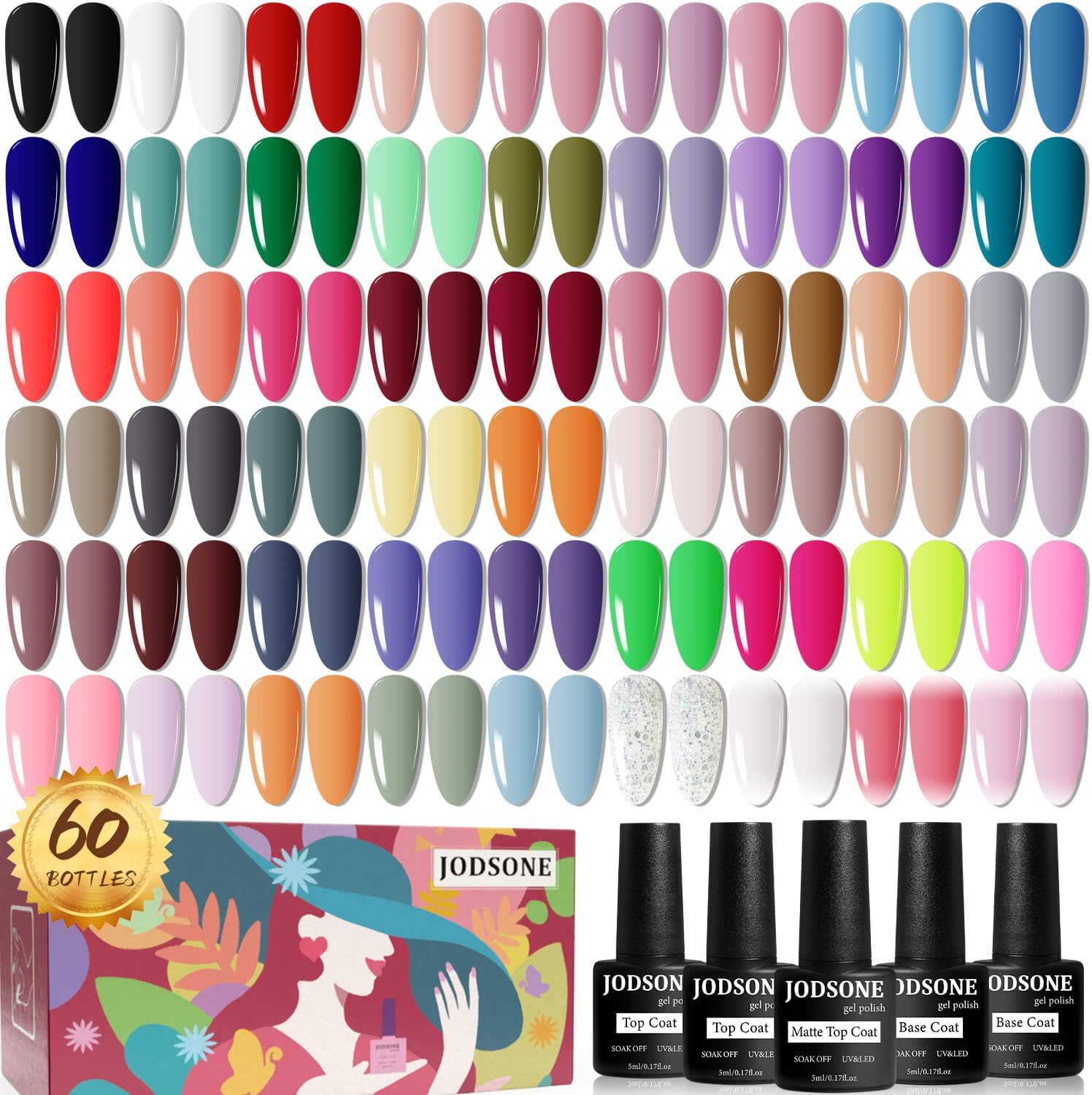 JODSONE Gel Nail Polish kit 60 PCS with 5 Bottles of Base and Glossy Matte Top Coat Soak off Gel Nail Set Suitable for All Seasons Polish Gifts