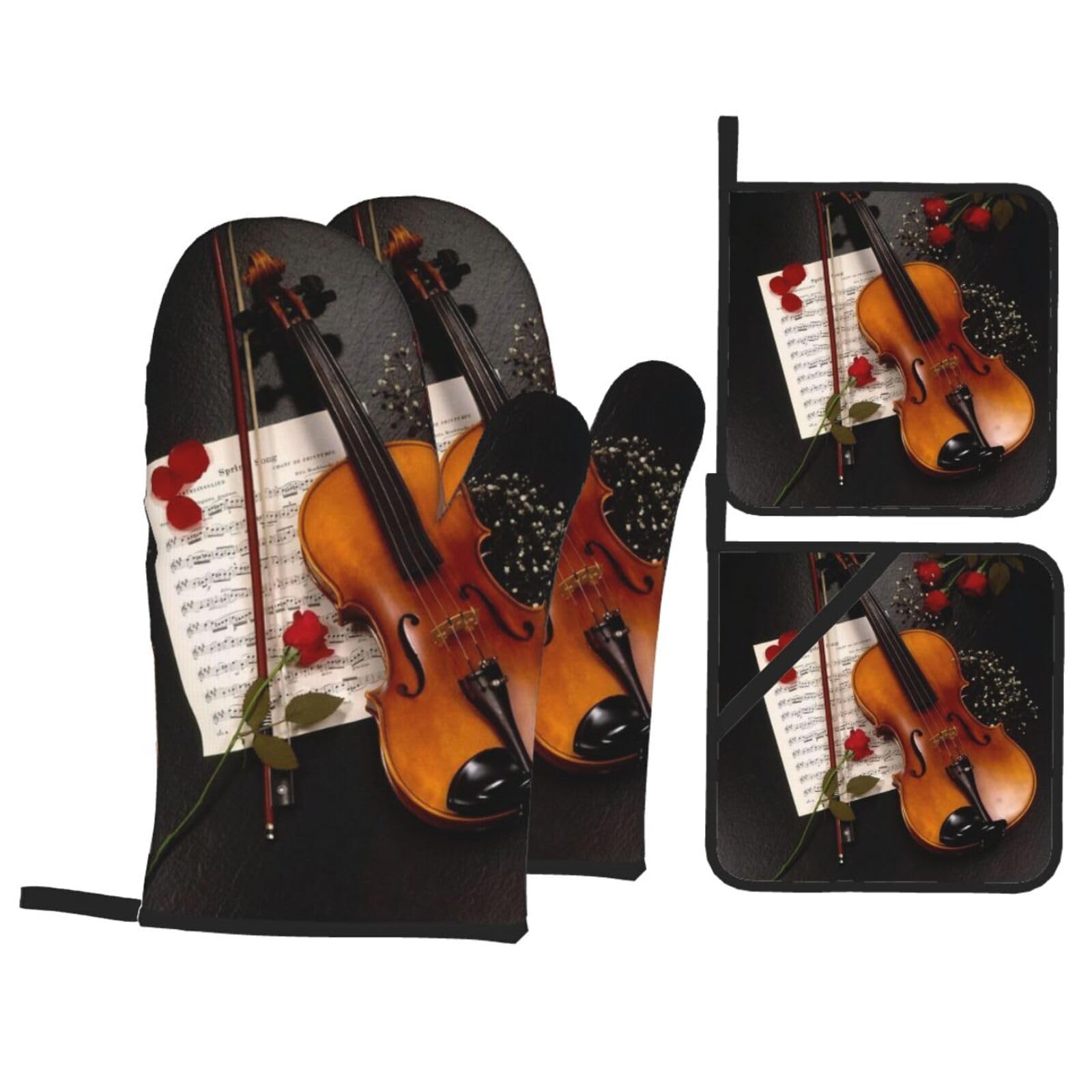 Violin Sheet Music Print Stylish Heat-Resistant Oven 4-Piece Set Kitchen Gloves Roasting Daily Cooking