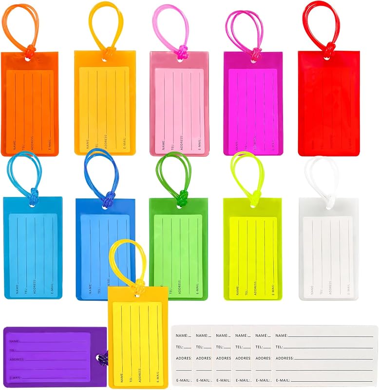 Mziart 12 Pack Luggage Tags for Suitcases, PVC Travel Luggage Tag Cruise Bag Tags for Luggage Identifiers Colorful Baggage Name ID Labels with Loops & 6 Additional Cards