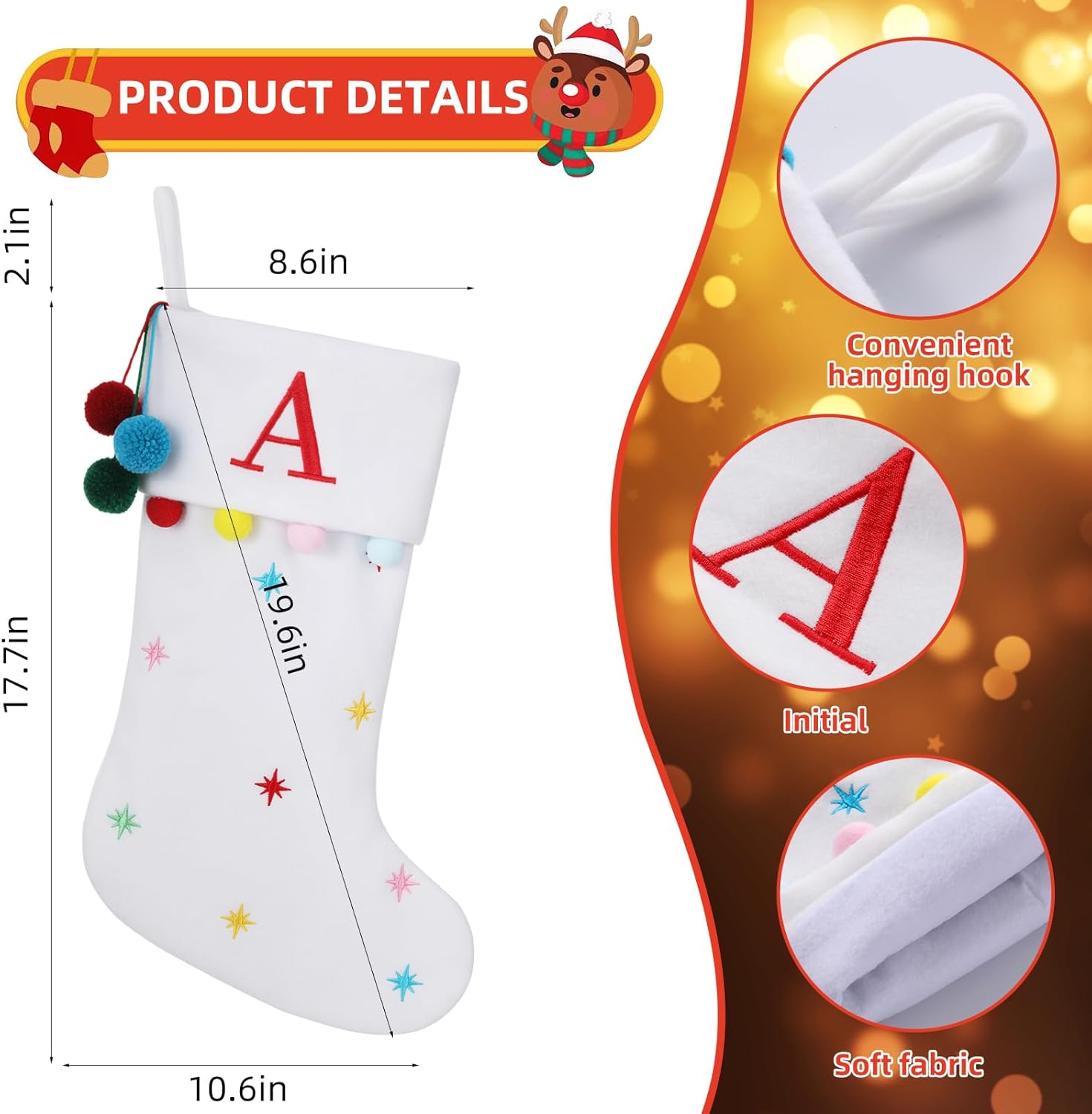 19.5 Inches Initial Monogram White Christmas Stocking Personalized, Embroidered Letter Fleece Christmas Stocking with pom poms Decoration for Family Christmas Holiday Party Decor-M - Image 2