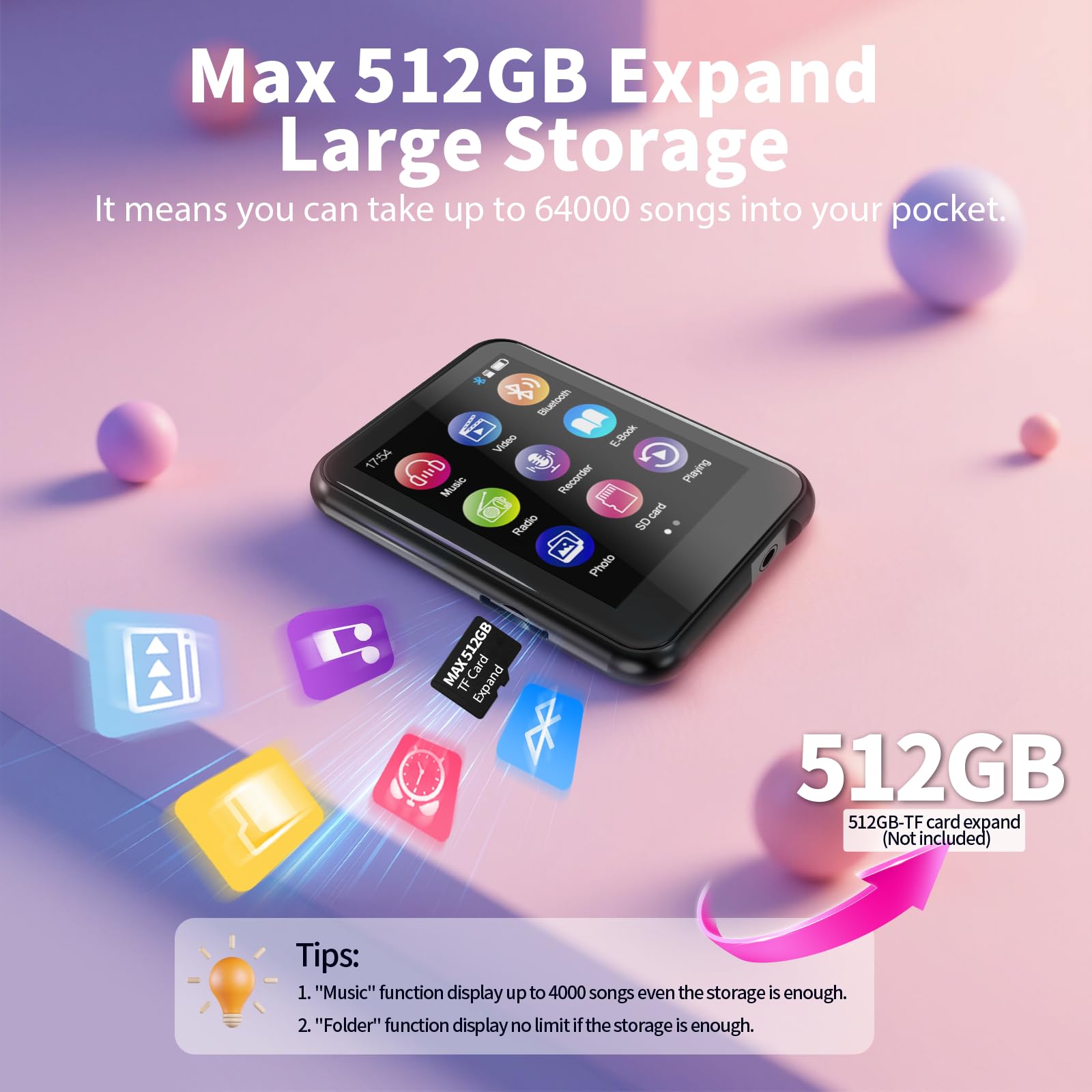 Reproductor MP3 de 64 GB con Bluetooth 5.3, pantalla táctil de 2,4 pulgadas, radio FM, grabación de voz, sonido Hi-Fi, función de libro electrónico, ampliación de memoria de hasta 512 GB