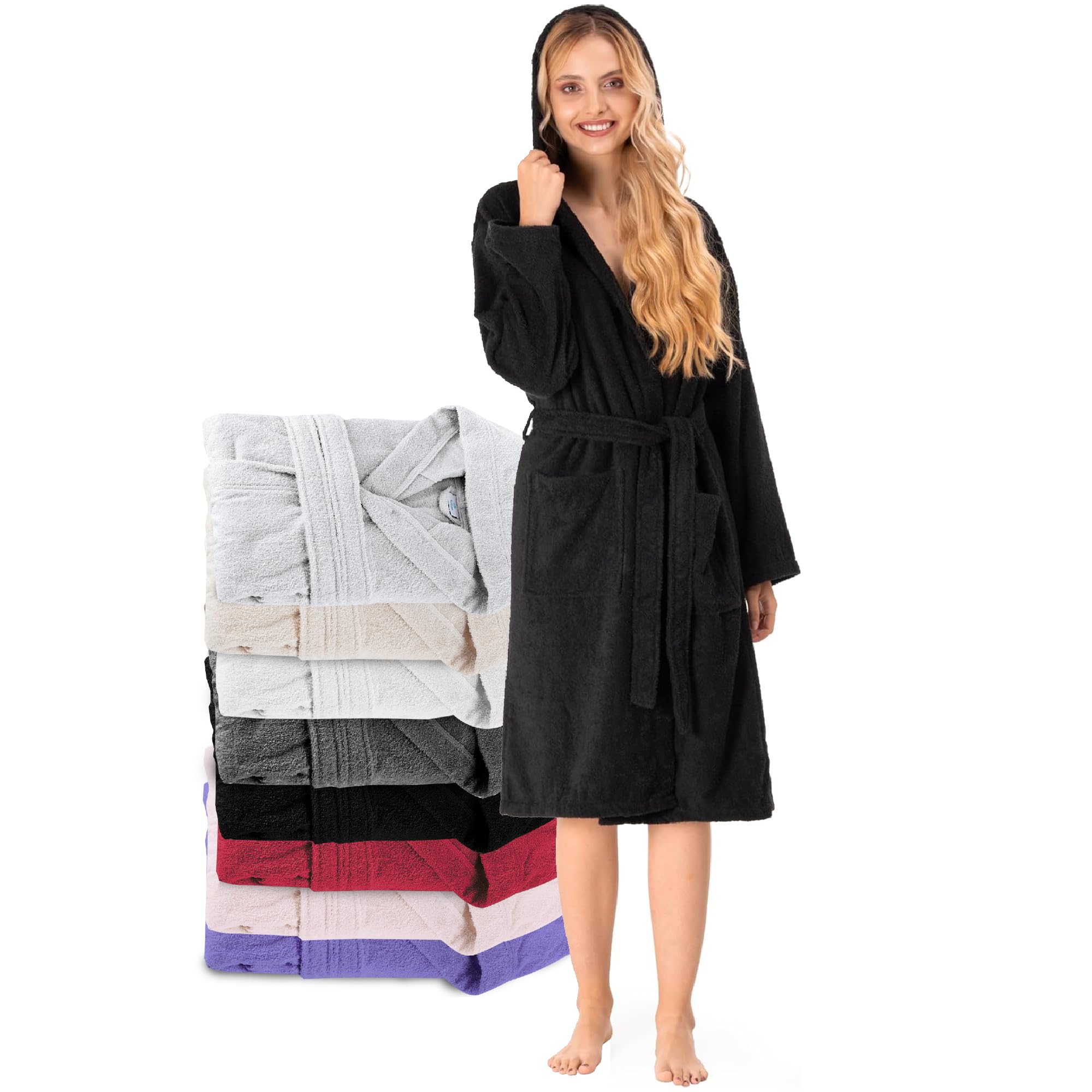 Twinzen Bademantel Damen - 100% Baumwolle (350g/m²) OEKO-TEX® Zertifiziert - Morgenmantel Damen mit Kapuze, 2 Taschen, Gürtel - Schwarz - L