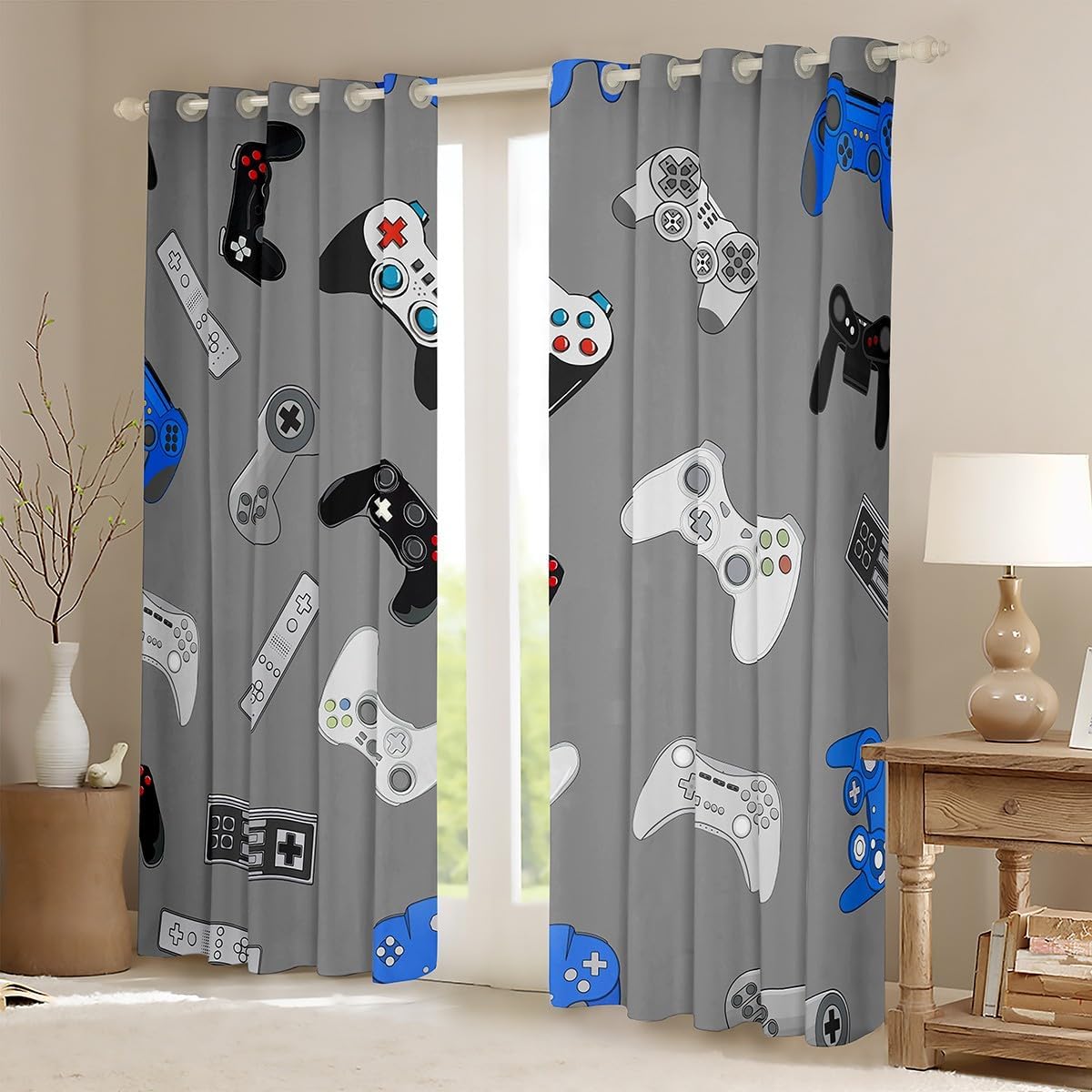 Gamepad Gaming Curtains Gamer Gray Window Curtains for Bedroom Living Room for Kids Boys Girls Various Video Game Window Drapes Modern Game Controller Decor Window Treatments,42 X 84 Inches,2 Panels