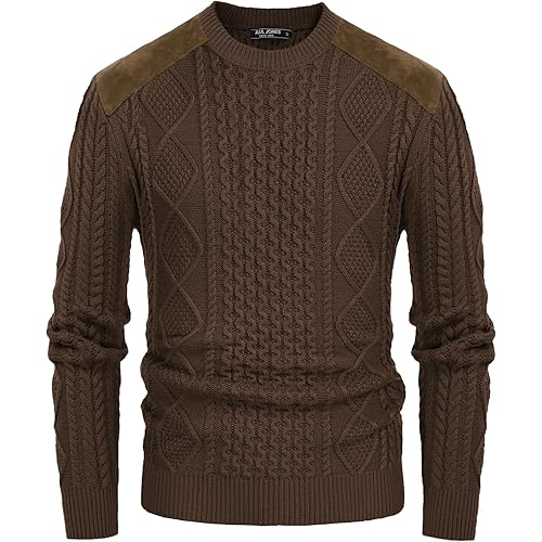 PJ PAUL JONES Men's Military Pullover Sweater Crewneck Vintage Cable Knit Sweater with Suede Patchwork
