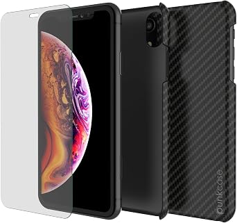 iPhone XR Case, Punkcase CarbonShield, Heavy Duty & Ultra Thin 2 Piece Dual Layer PU Leather Cover [Shockproof][Non Slip] with PUNKSHIELD Screen Protector for Apple iPhone XR [Jet Black]