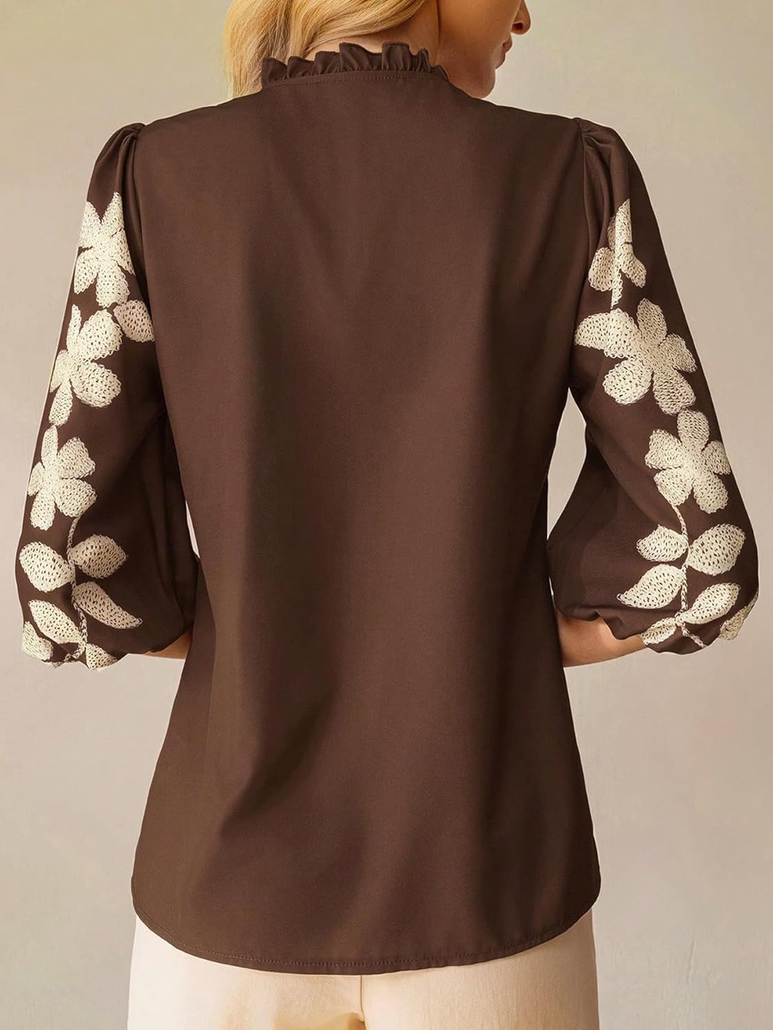 MakeMeChic Women's Floral Print Ruffle Collar Puff 3/4 Short Sleeve Button Down Blouse Shirt Tops - Image 2