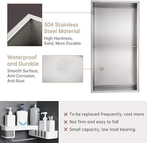 Miniatura 3 de DAYONE Nicho de ducha de acero inoxidable de 12 x 24 pulgadas, no necesita azulejos, nicho de pared rectangular de baño de níquel cepillado,