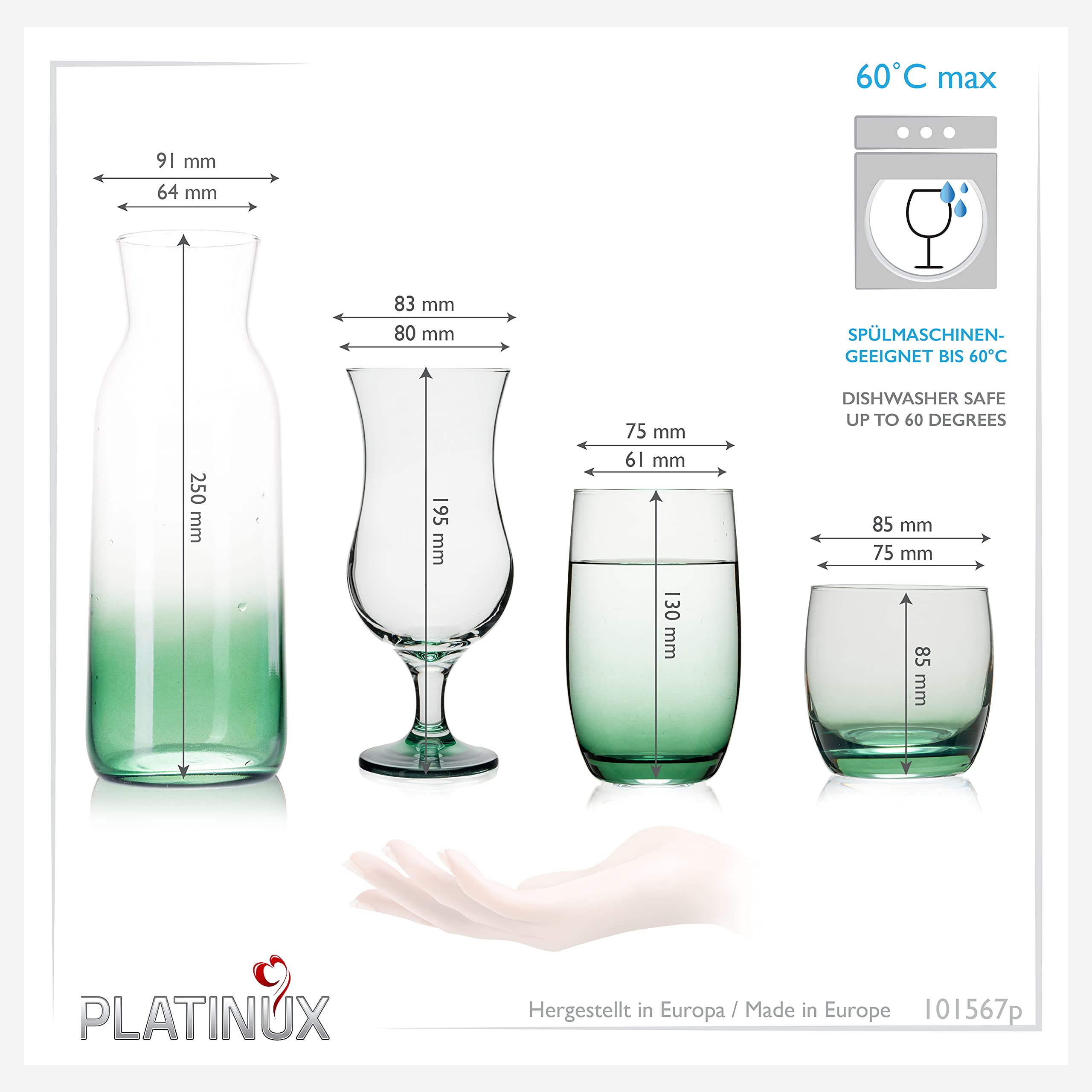 PLATINUX Juego de vasos y jarra con efecto ombré verde, 19 piezas de cristal, jarra de agua, vasos de cóctel