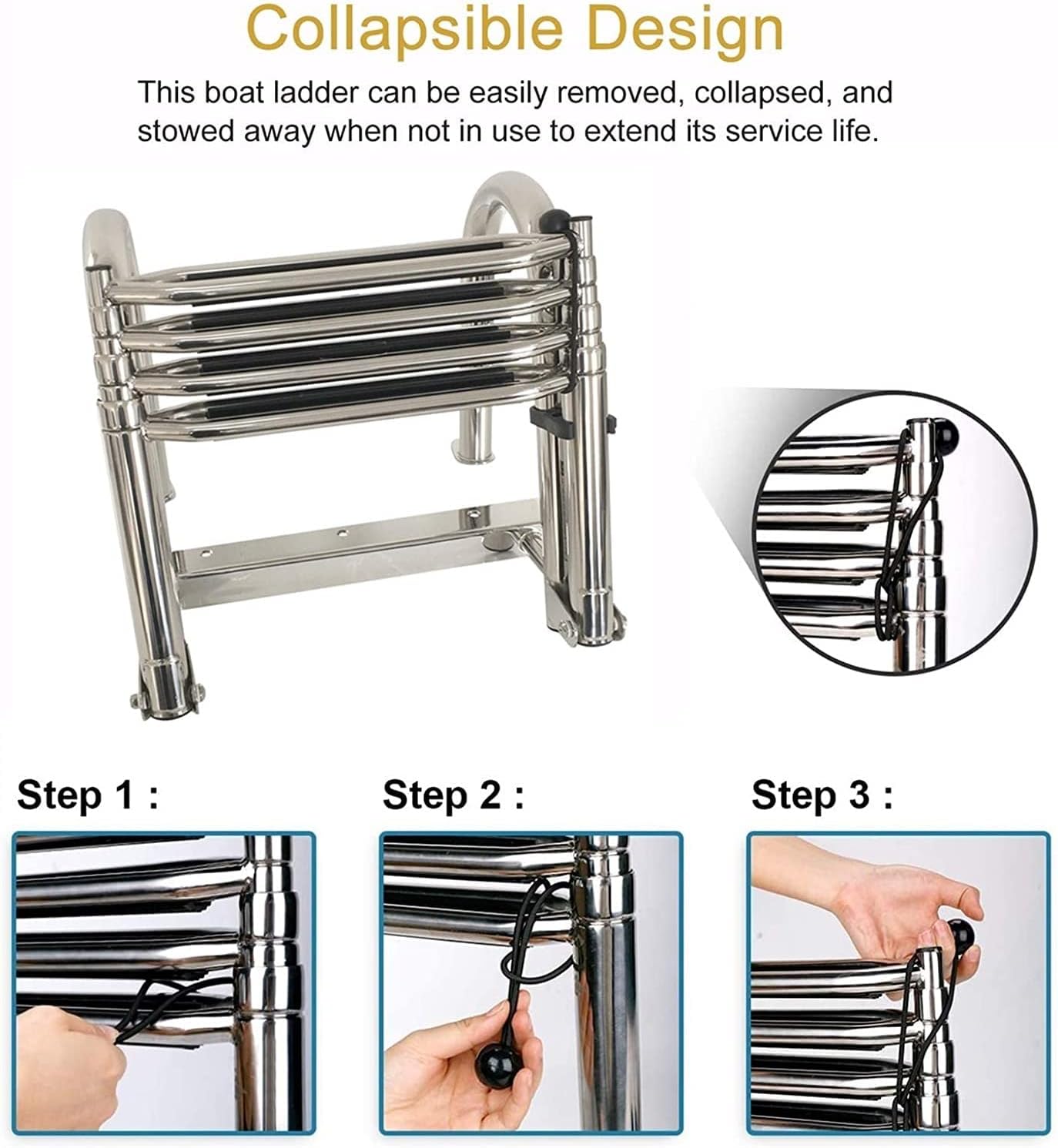 Dock Boat Ladders 4 Step Folding Pontoon Boat Ladder with Retaining Strap, Heavy-Duty Polished Deck Ladder with Pedal Hand Railing Ladder,for Marine Yacht/Swimming Pool