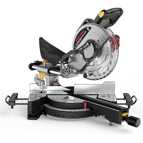 10-inch Sliding Compound Miter Saw, 4800RPM, 15 Amp, Single Bevel 0-45° with Extension Table, 36T Blade, Power Saw for Soft Metal, Plastic, Wood, Laminates