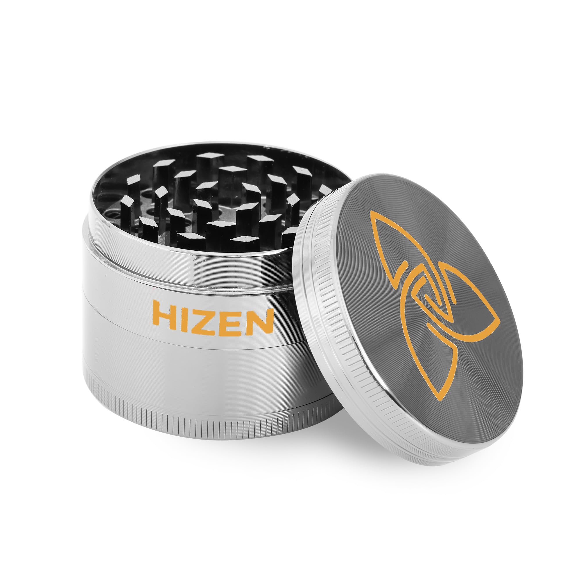 HIZEN Basic Grinder Ø 49mm, 4-teilige Kräutermühle, Crusher Set für getrocknete Kräuter, Pollen, Blüten, Gewürze mit Pollenfach und Schaber (Silber)