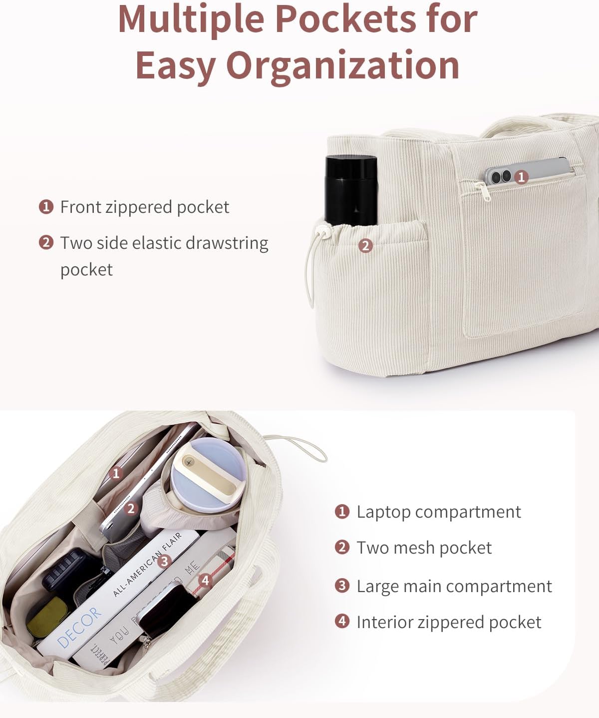 ECOHUB Large Corduroy Tote Bag for Women with Cup Holder & Luggage Sleeve & Laptop Compartment for Work Travel College Casual - Image 6