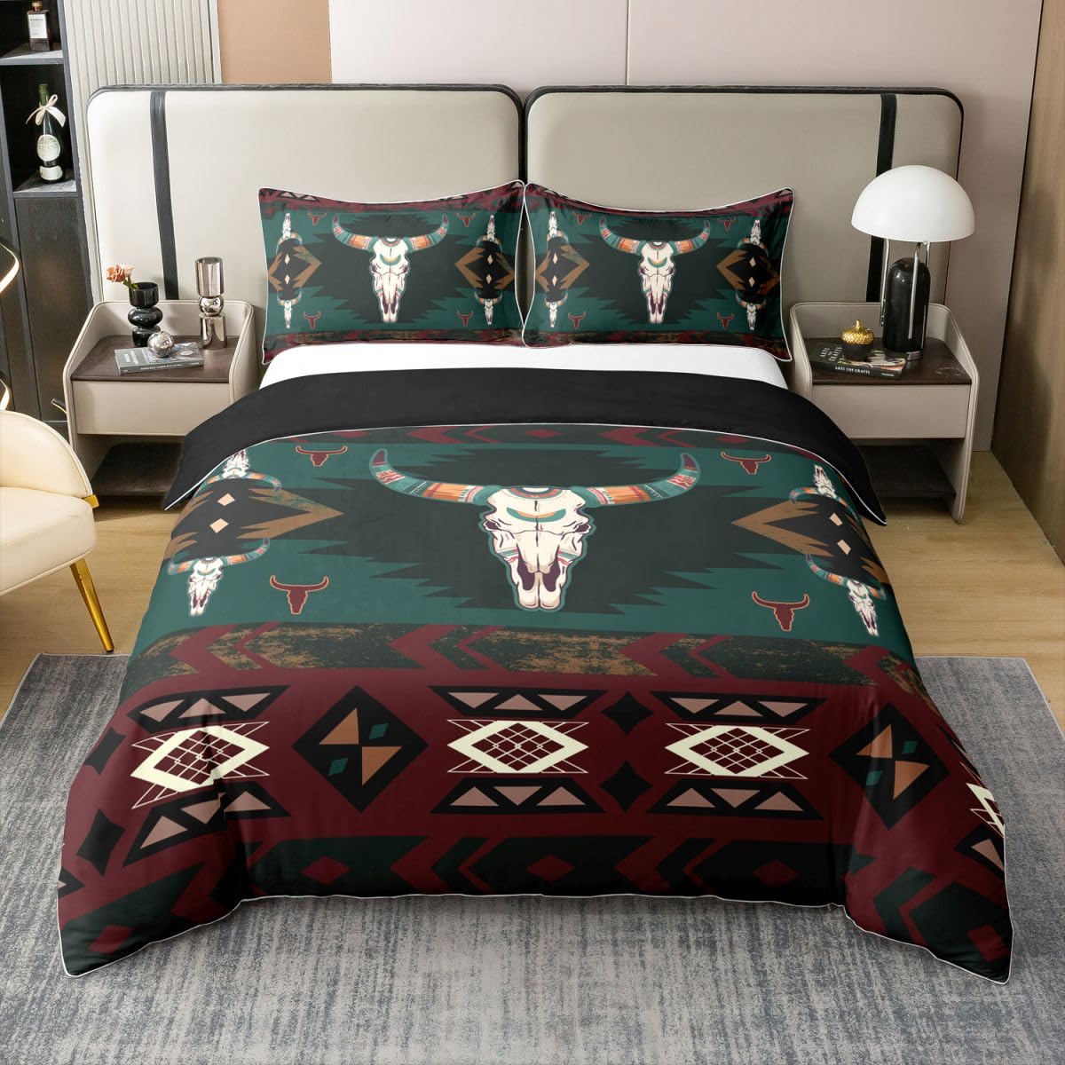 Parure de lit western avec housse de couette crâne de taureau pour chambre ado aztèque