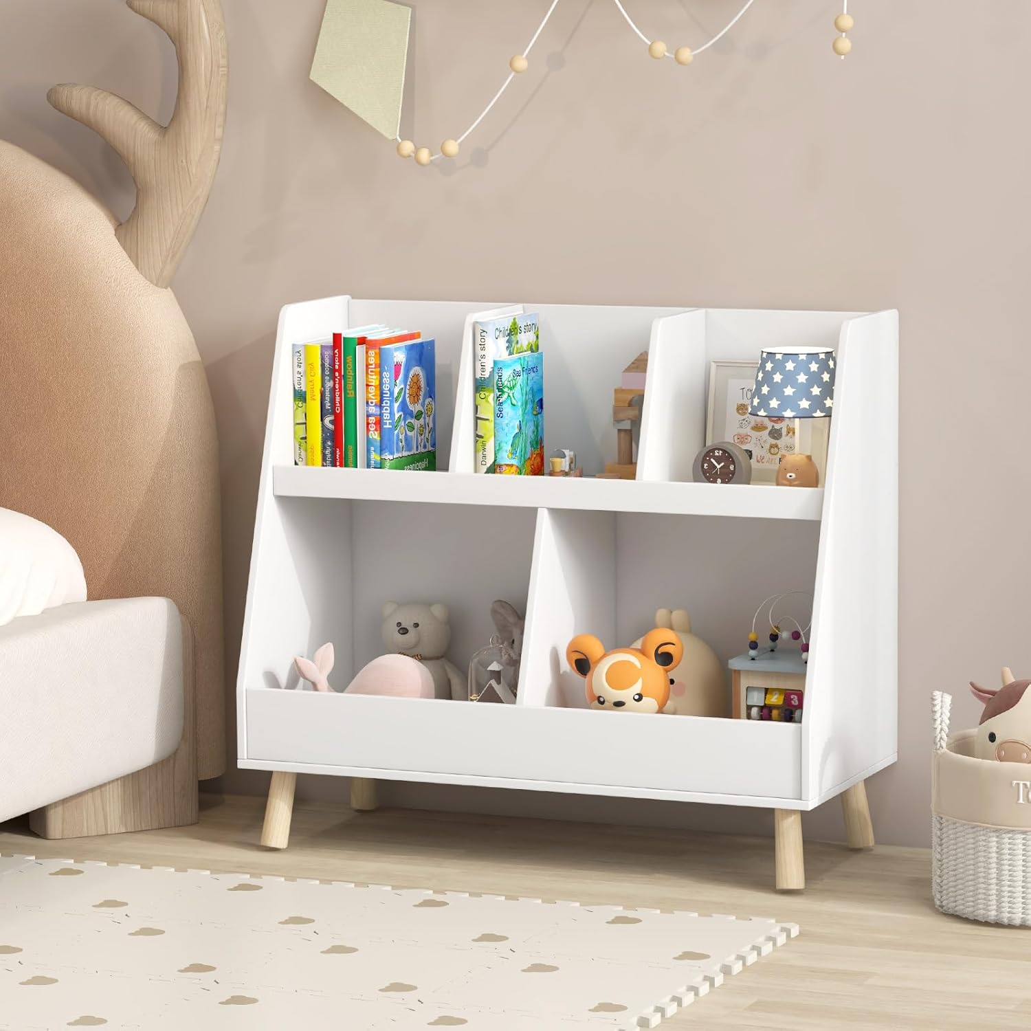 HONEY JOY Toy Storage Organizer with Bookcase, 5-Cubby Children Toy Storage Cabinet, 2-Tier Open Book Display Organizer w/Legs, Free Standing Bookshelf for Playroom, Bedroom, Nursery (White)