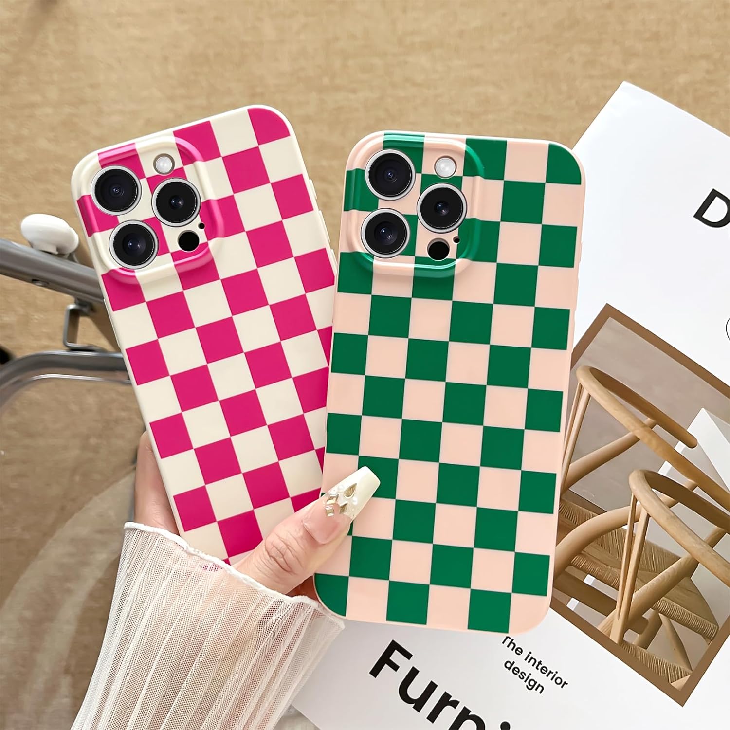 Skyseaco Compatible with iPhone 16 Pro Max Case Cute Checkerboard Checkered Pattern Design Soft Slim TPU Phone Case Shockproof Full Camera Protection for Women Girls - Pink&Green - Image 7