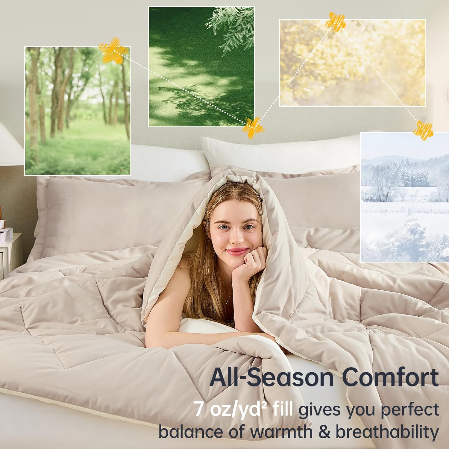 JOLLYVOGUE Full Comforter Sets, Ultra Soft Reversible Bedding for All Seasons, 3 Pieces Down Alternative Bed Set Includes 1 Lightweight Comforter (82"x86") and 2 Pillow Shams (20"x26"), Beige & Ivory