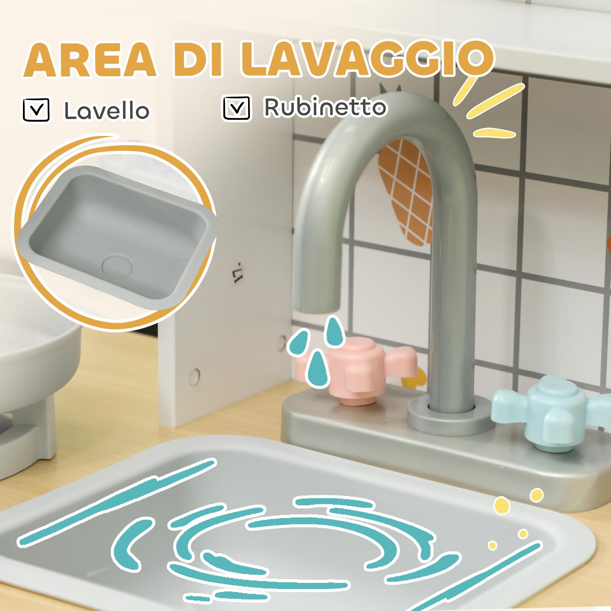AIYAPLAY Cucina Giocattolo per Bambini da 3 Anni in Legno, Fornello con Luci e Suoni, Microonde, Macchina del Caffè, Macchina del Ghiaccio e Armadietti, Bianco