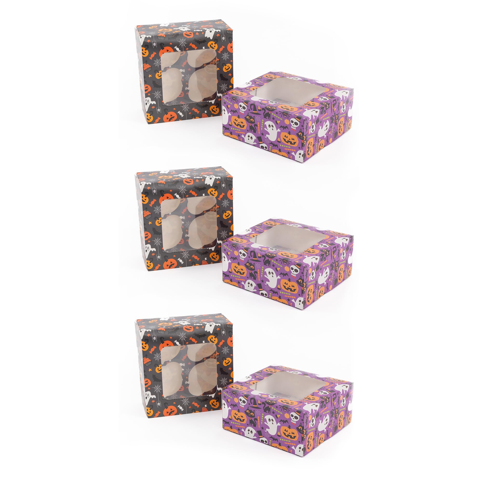 evelay Halloween Cupcake Boxes - Holds 4 Standard Cupcakes - Mixed Spooky Designs with Window & Inserts for Treats, Sweets and Chocolates (Pack of 6)