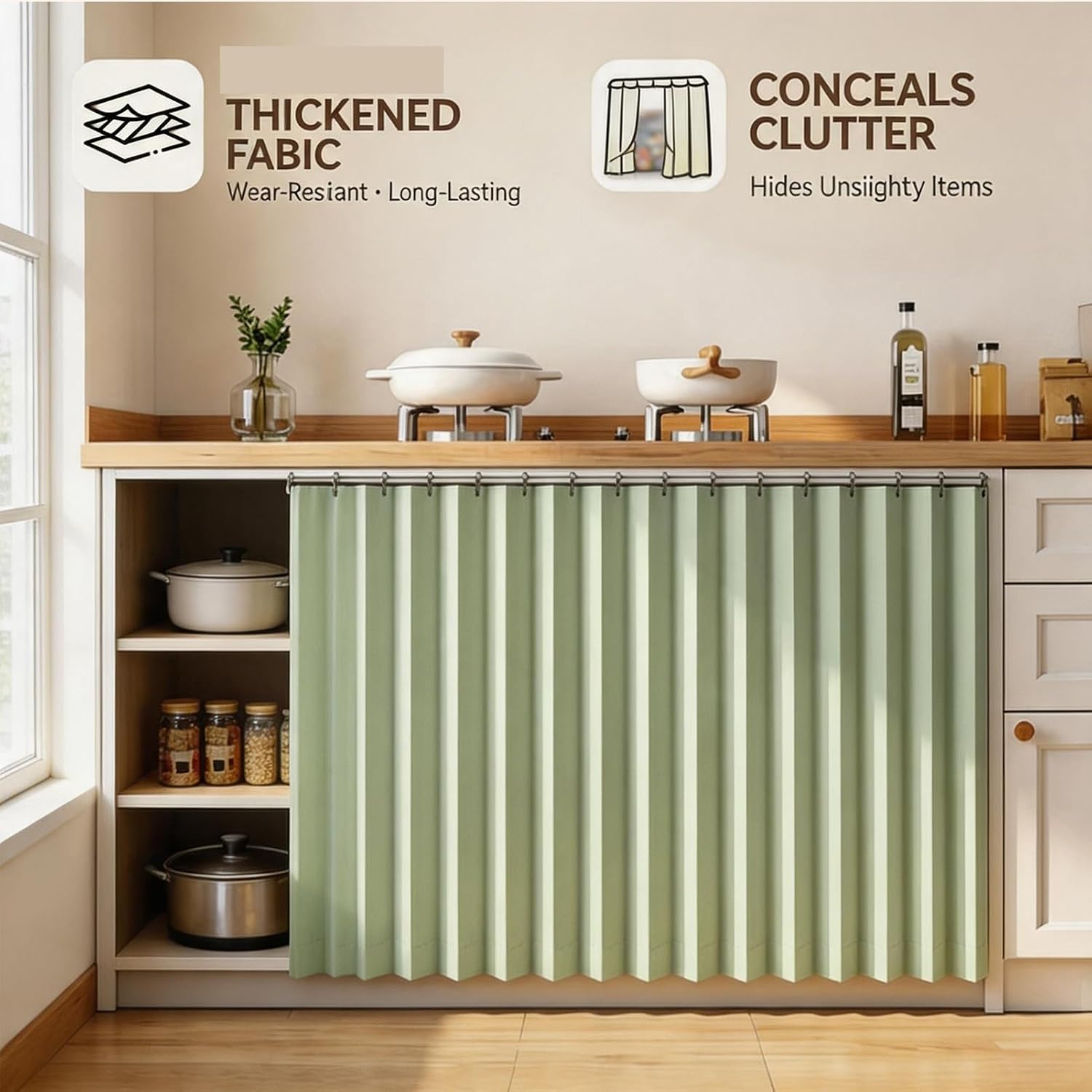 Kitchen Cabinet Curtains for Shelves,Blackout Magnetic Folding Door for Closet & Pantry,No Drill Nano Rail for Bathroom & Laundry Room