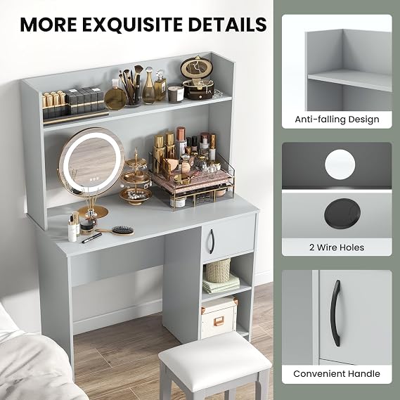 COSTWAY Computer Desk, Modern Writing Workstation PC Laptop Table with Hutch, Storage Bookshelf and Cable Management Holes, Home Office Work Study Desk (Grey, 106 x 50 x 148 cm)