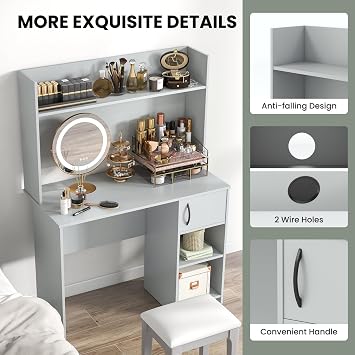 COSTWAY Computer Desk, Modern Writing Workstation PC Laptop Table with Hutch, Storage Bookshelf and Cable Management Holes, Home Office Work Study Desk (Grey, 106 x 50 x 148 cm)