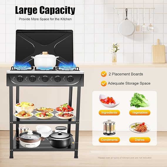 5 Burners Natural Gas Stove, Freestanding Portable Outdoor Natural Outdoor 2500W Gas Stove Cooking Tool W/2 Tiers Storage Rack & 5 Fire Adjustment Knobs for Camping Picniccamping Trips & RV (Black)