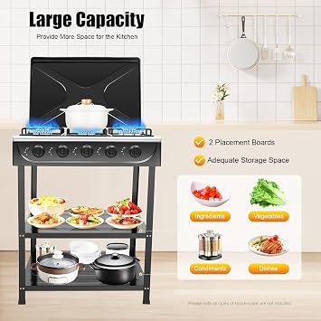 5 Burners Natural Gas Stove, Freestanding Portable Outdoor Natural Outdoor 2500W Gas Stove Cooking Tool W/2 Tiers Storage Rack & 5 Fire Adjustment Knobs for Camping Picniccamping Trips & RV (Black)