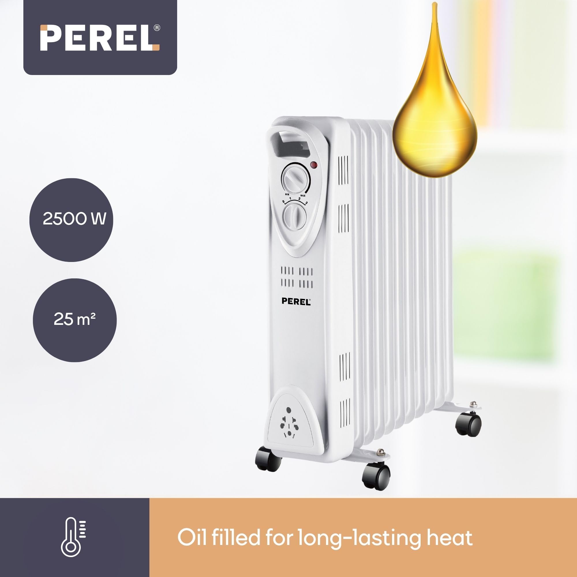 Perel Radiador de aceite de 2500W con 11 elementos, 3 niveles de calor, termostato ajustable, asa, ruedas, protección contra sobrecalentamiento y vuelco, calefactor portátil, silencioso y eficiente
