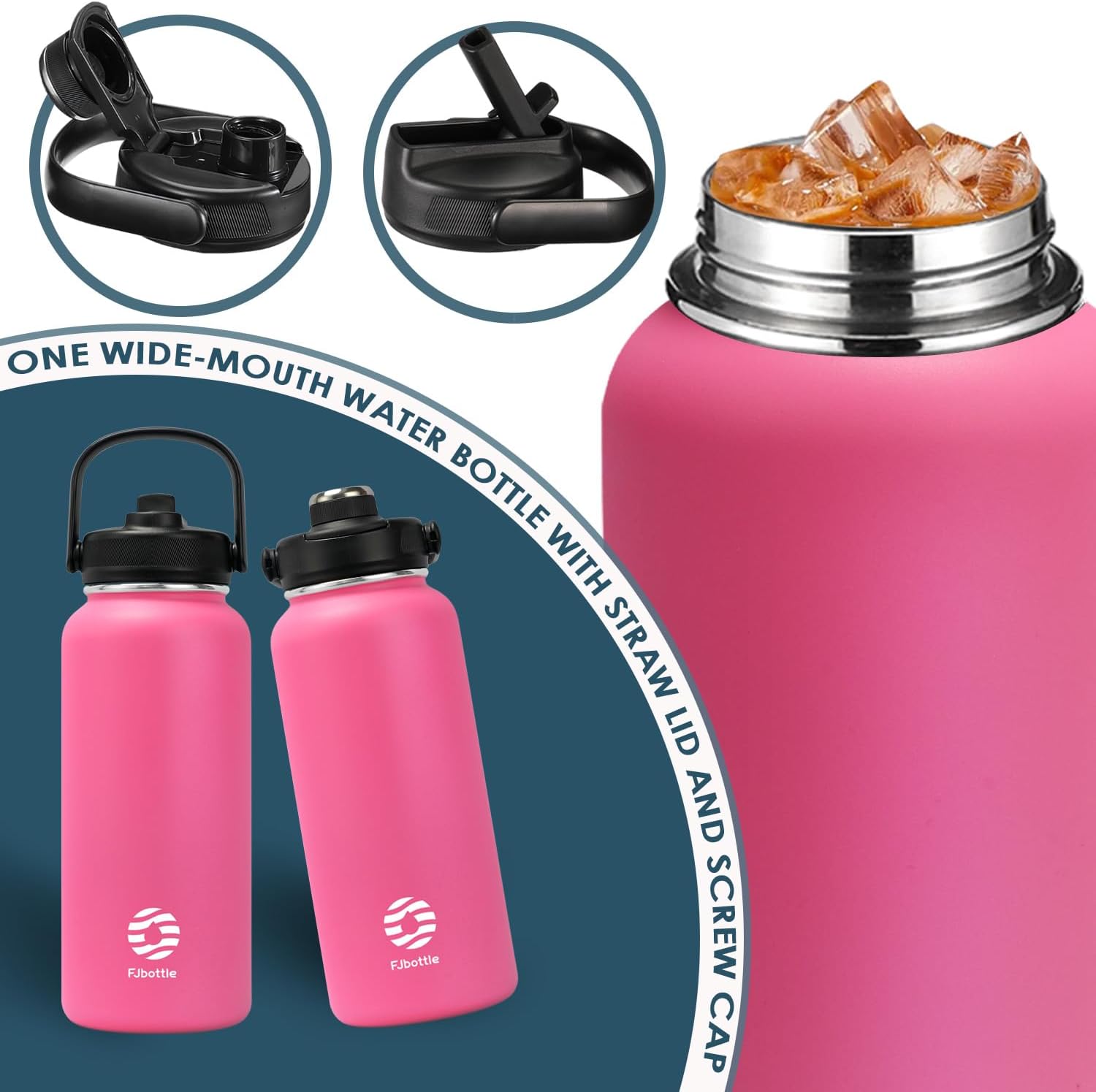 Fjbottle Insulated Water Bottles-32 oz Stainless Steel with Straw Lid & Spout Lids Sport Water Bottle,Double Wall Sweat-proof BPA Free to Keep Water Cold 24Hrs or Hot 12Hrs Durable Metal Canteen - Image 4