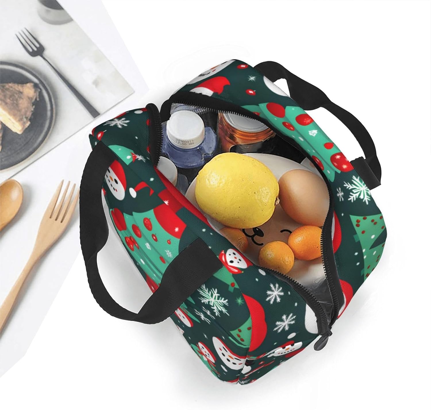 Christmas Tree and Snowman Print Lunch Box Adult for Women Men Reusable Insulated Lunch Tote Bag for Work Picnic image 5