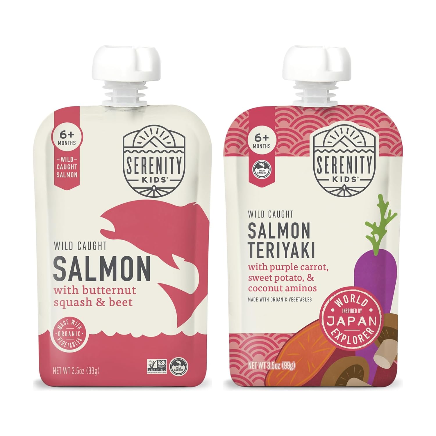 Serenity Kids Wild Caught Salmon Baby Food Pouches Variety Bundle - Butternut Squash Puree & Teriyaki World Explorers Flavor - 5g Protein Toddler Snacks - 3.5 Oz Pouch, Pack of 24, 6+ Months