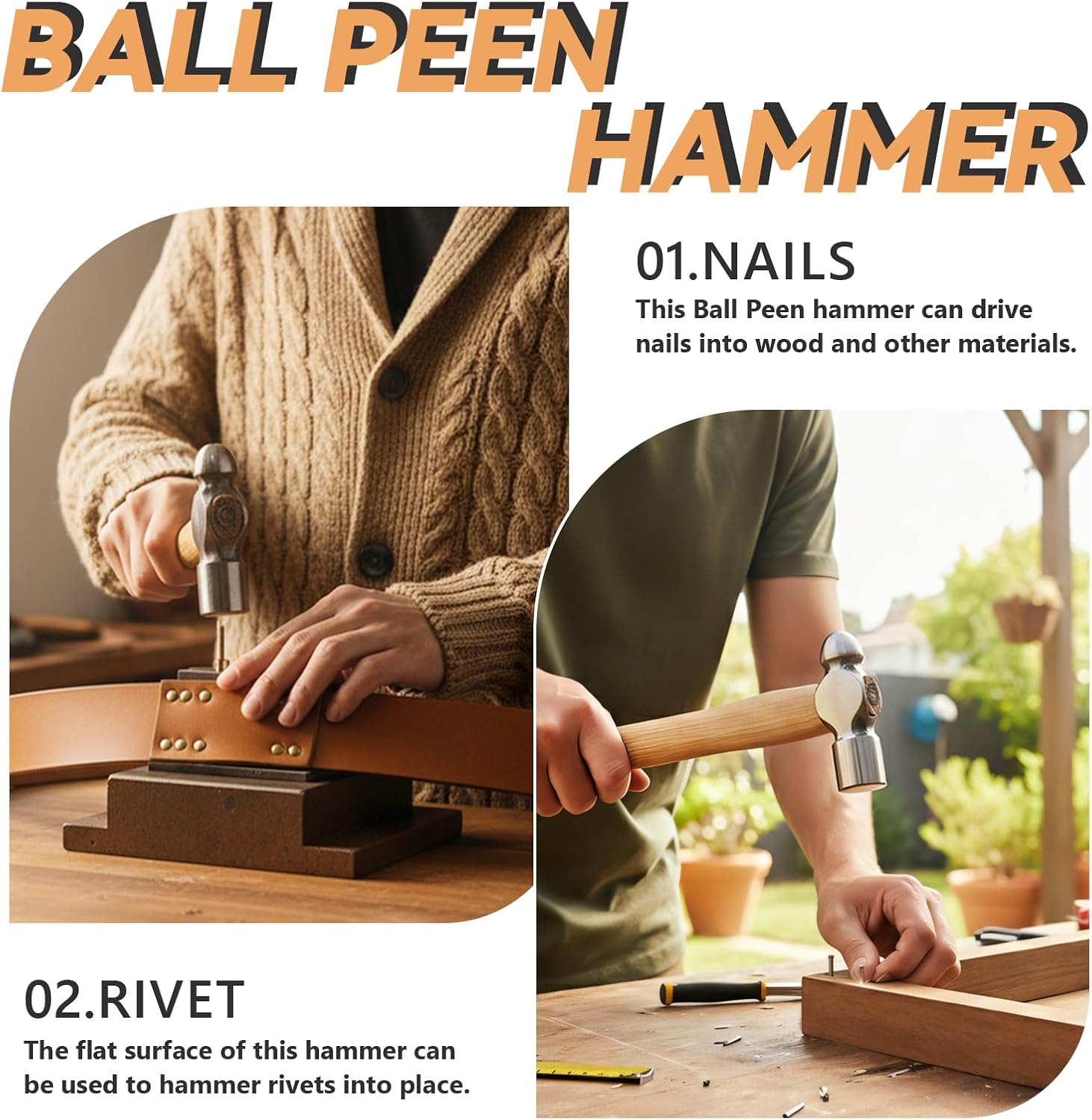 16oz Ball Peen Hammer for Metalworking - Small Ball Peen Machinist Hammer, 1.1lb Ball Pein Hammer for Riveting, Home Repair, Crafts, Woodworking, DIY & Furniture Assembly