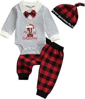 BemeyourBBs Baby,Clothing,Baby Boys 0-24m,Outfits & Clothing Sets BemeyourBBs Newborn Baby Boy Christmas Clothes My First Christmas Long Sleeve Bow Tie Romper Top Plaid Pants with Hat Xmas 3PCS Outfits Set