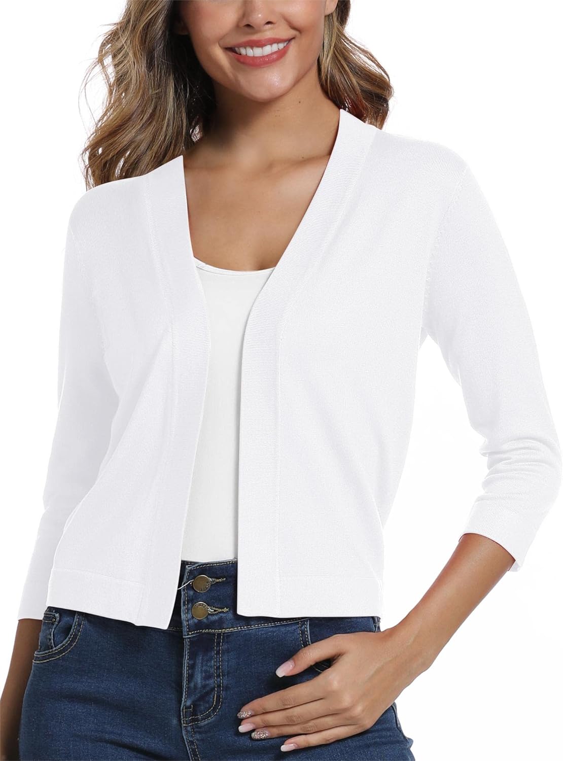 EXCHIC Women's 3/4 Sleeve Lightweight Cropped Cardigan Sweaters Open Front Bolero Short Shrugs for Dresses